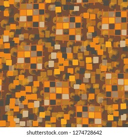 Seamless pattern made up of checkered fragments and rounded quadrangles. Colors of rusty iron. Background consisting of rounded squares with a spiral structure.