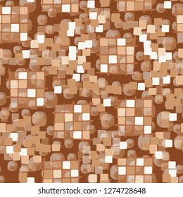 Seamless pattern made up of checkered fragments and rounded quadrangles. Colors of rusty iron. Background consisting of rounded squares with a spiral structure.