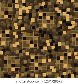 Seamless pattern made up of checkered fragments and rounded quadrangles. Colors of rusty iron. Background consisting of rounded squares with a spiral structure.