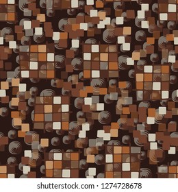 Seamless pattern made up of checkered fragments and rounded quadrangles. Colors of rusty iron. Background consisting of rounded squares with a spiral structure.