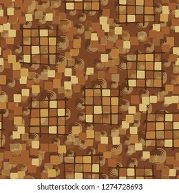 Seamless pattern made up of checkered fragments and rounded quadrangles. Colors of rusty iron. Background consisting of rounded squares with a spiral structure.