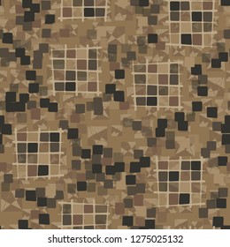 Seamless pattern made up of checkered fragments and rounded quadrangles. Colors of rusty iron. Background consisting of squares cut by pentagrams.