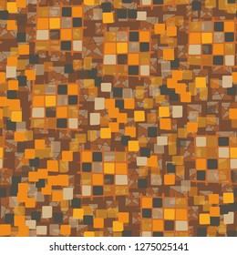 Seamless pattern made up of checkered fragments and rounded quadrangles. Colors of rusty iron. Background consisting of squares cut by pentagrams.