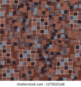 Seamless pattern made up of checkered fragments and rounded quadrangles. Colors of rusty iron. Background consisting of squares cut by pentagrams.