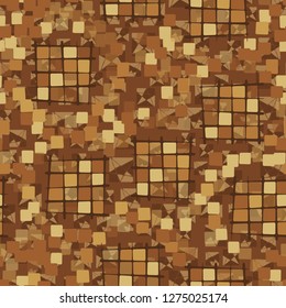 Seamless pattern made up of checkered fragments and rounded quadrangles. Colors of rusty iron. Background consisting of squares cut by pentagrams.