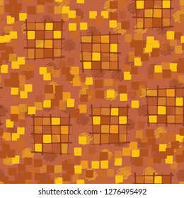 Seamless pattern made up of checkered fragments and rounded quadrangles. Colors of rusty iron. Background consisting of spots made with strokes.