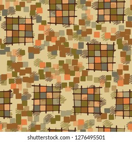 Seamless pattern made up of checkered fragments and rounded quadrangles. Colors of rusty iron. Background consisting of spots made with strokes.