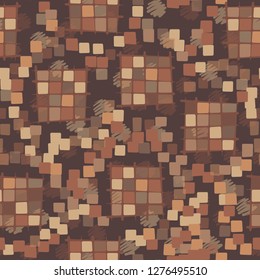 Seamless pattern made up of checkered fragments and rounded quadrangles. Colors of rusty iron. Background consisting of spots made with strokes.