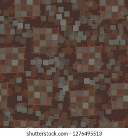 Seamless pattern made up of checkered fragments and rounded quadrangles. Colors of rusty iron. Background consisting of spots made with strokes.