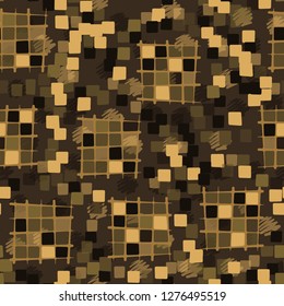 Seamless pattern made up of checkered fragments and rounded quadrangles. Colors of rusty iron. Background consisting of spots made with strokes.