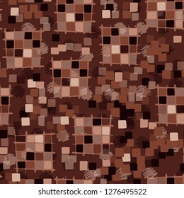 Seamless pattern made up of checkered fragments and rounded quadrangles. Colors of rusty iron. Background consisting of spots made with strokes.