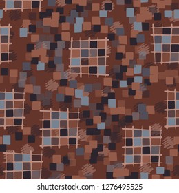 Seamless pattern made up of checkered fragments and rounded quadrangles. Colors of rusty iron. Background consisting of spots made with strokes.