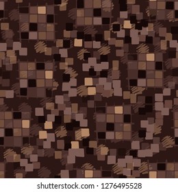Seamless pattern made up of checkered fragments and rounded quadrangles. Colors of rusty iron. Background consisting of spots made with strokes.