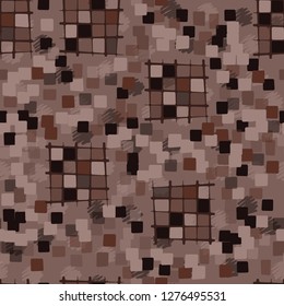 Seamless pattern made up of checkered fragments and rounded quadrangles. Colors of rusty iron. Background consisting of spots made with strokes.