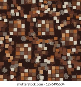 Seamless pattern made up of checkered fragments and rounded quadrangles. Colors of rusty iron. Background consisting of spots made with strokes.
