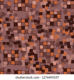 Seamless pattern made up of checkered fragments and rounded quadrangles. Colors of rusty iron. Background consisting of spots made with strokes.