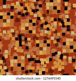 Seamless pattern made up of checkered fragments and rounded quadrangles. Colors of rusty iron. Background consisting of spots made with strokes.