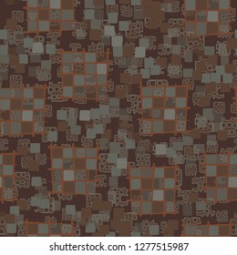 Seamless pattern made up of checkered fragments and rounded quadrangles. Colors of rusty iron.  Background consisting of perforated elements.
