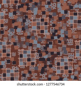 Seamless pattern made up of checkered fragments and rounded quadrangles. Colors of rusty iron.  Background consisting of perforated elements.