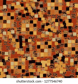 Seamless pattern made up of checkered fragments and rounded quadrangles. Colors of rusty iron.  Background consisting of perforated elements.