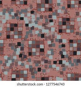 Seamless pattern made up of checkered fragments and rounded quadrangles. Colors of rusty iron.  Background consisting of perforated elements.