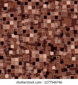 Seamless pattern made up of checkered fragments and rounded quadrangles. Colors of rusty iron.  Background consisting of perforated elements.