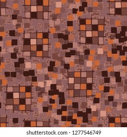 Seamless pattern made up of checkered fragments and rounded quadrangles. Colors of rusty iron.  Background consisting of perforated elements.
