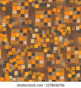 Seamless pattern made up of checkered fragments and rounded quadrangles. Colors of rusty iron.  
Background consisting of four-pointed small stars.
