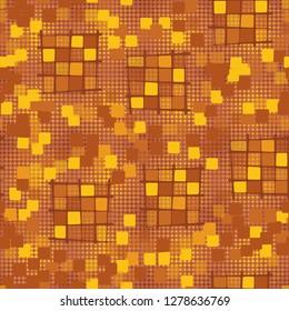 Seamless pattern made up of checkered fragments and rounded quadrangles. Colors of rusty iron.  
Background consisting of four-pointed small stars.
