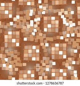 Seamless pattern made up of checkered fragments and rounded quadrangles. Colors of rusty iron.  
Background consisting of four-pointed small stars.
