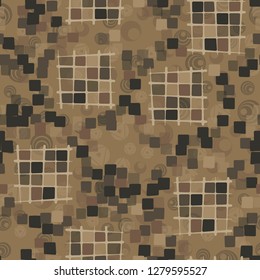 Seamless pattern made up of checkered fragments and rounded quadrangles. Colors of rusty iron.  
The background is made up of translucent colorful shapes.