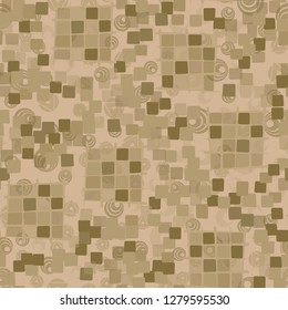 Seamless pattern made up of checkered fragments and rounded quadrangles. Colors of rusty iron.  
The background is made up of translucent colorful shapes.