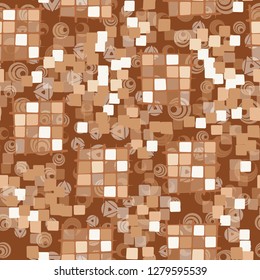 Seamless pattern made up of checkered fragments and rounded quadrangles. Colors of rusty iron.  
The background is made up of translucent colorful shapes.