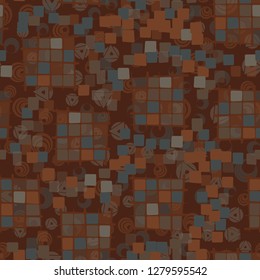 Seamless pattern made up of checkered fragments and rounded quadrangles. Colors of rusty iron.  
The background is made up of translucent colorful shapes.