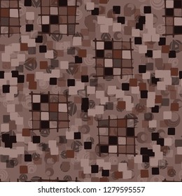 Seamless pattern made up of checkered fragments and rounded quadrangles. Colors of rusty iron.  
The background is made up of translucent colorful shapes.