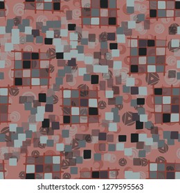 Seamless pattern made up of checkered fragments and rounded quadrangles. Colors of rusty iron.  
The background is made up of translucent colorful shapes.