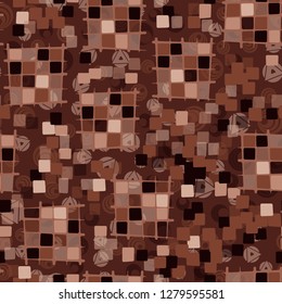 Seamless pattern made up of checkered fragments and rounded quadrangles. Colors of rusty iron.  
The background is made up of translucent colorful shapes.
