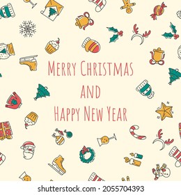 Seamless pattern made of Christmas and New Year icons vector isolated. Happy winter holidays, decoration for gift packages and greeting cards. Cute greeting card.s