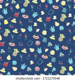 Seamless pattern made of coffe cups, pots, cakes and other cafe objects. Hand drawn vector illustrations on blue background