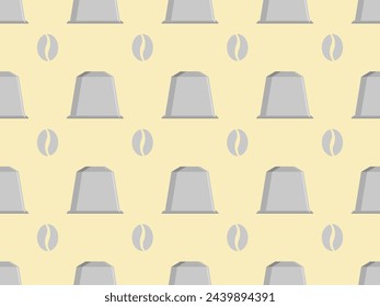 Seamless pattern made of coffee capsules and coffee beans, lied strictly on lines, with same gaps. Each capsule got shadows and glares, color: shades of grey. Ochre background. Vector illustration.