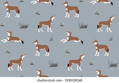 Seamless pattern made of colored flat icons of ethiopian wolf, simple rocks and plants. Standing, howling and resting wolf. One of endangered species of animals.