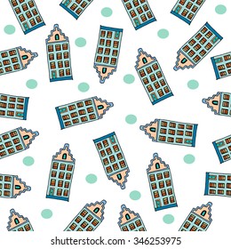 Seamless pattern made of colored hand drawn sketch amsterdam houses. Repeating pattern with country houses with windows, roof, doors. Dutch house. Vector illustration. Wrapping paper. 