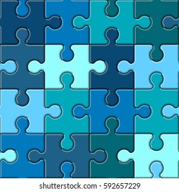 Seamless pattern made of colorful blue and green puzzle pieces. Vector illustration.