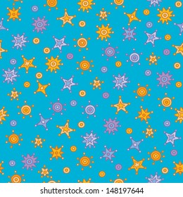 Seamless pattern made of colorful decorative stars and dots on turquoise background.