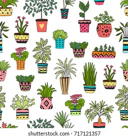 Seamless pattern made of colorful doodle plants 