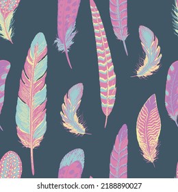 Seamless pattern made of colorful feathers. Brush and paint texture. Vector illustration