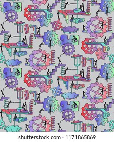 Seamless pattern made of colorful gears on gray background. Creative bright steampunk mechanical background. Vector illustration.
