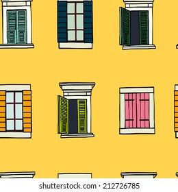 Seamless pattern made of colorful hand drawn sketchy italian windows on yellow background.