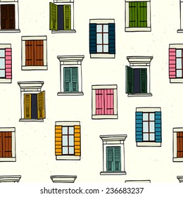 Seamless pattern made of colorful hand drawn sketchy italian windows on white background.