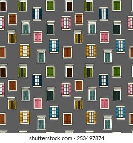 Seamless pattern made of colorful hand drawn sketchy italian windows on dark grey background.
